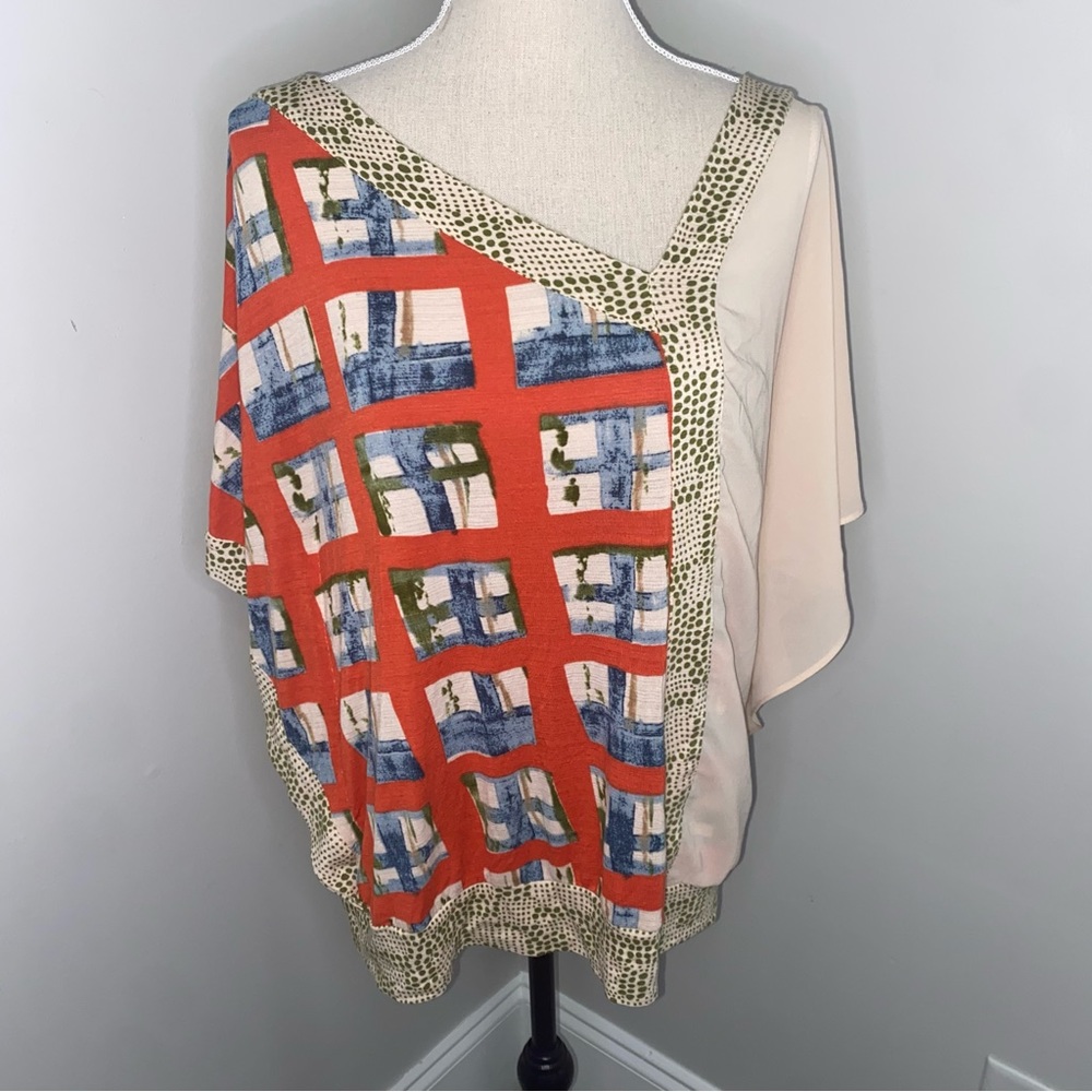 Vanessa Virginia asymmetrical dolman batwing mixed media loose fit top sz Large